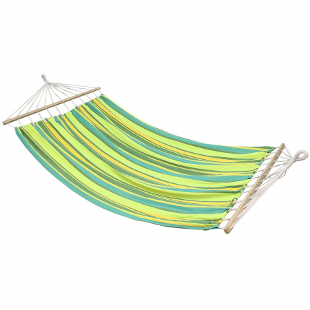 Mobila Gradina - Hamac dublu cu bare din lemn, pentru 2 persoane, bumbac, 150kg, 200x150 cm, verde si galben