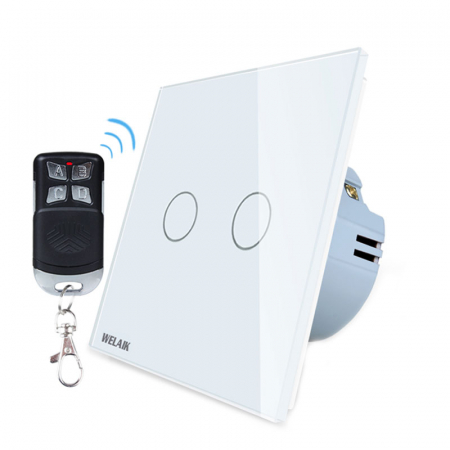 Casa si Gospodarie - Intrerupator dublu cu touch Welaik, Wireless, Telecomanda inclusa, Alb