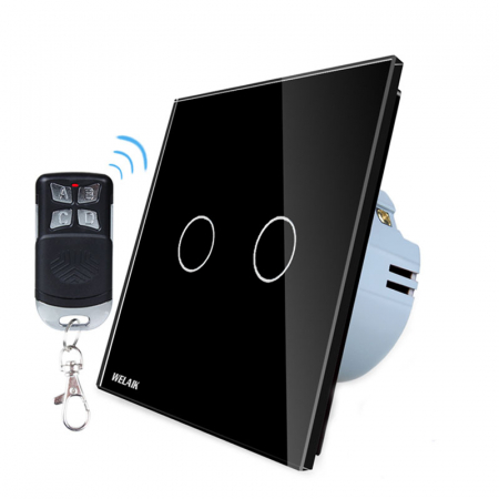 Casa si Gospodarie - Intrerupator dublu cu touch Welaik, Wireless, Telecomanda inclusa, Negru