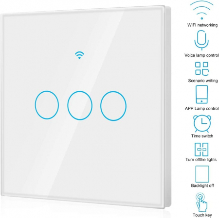 Intrerupator Smart cu Touch Rovo FN3C, 3 canale, Sticla Securizata, Tuya, Life Smart, RF 433MHz, Alexa si Google Assistant, fara nul [3]