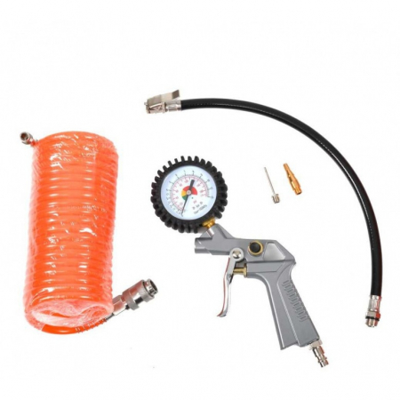 Construcții - Kit 5 accesorii pentru compresor, pistol de suflat cu manometru 1/4, furtun spiralat 5 m, ace pentru umflat, HECHT002024