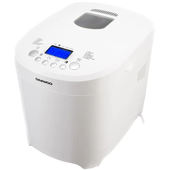 Casa si Gospodarie - Masina de paine Daewoo DBM600W, 600 W, 450/750/900 g, 2 nivele de rumenire, 12 programe, Timer 13 ore, afisaj LCD iluminat,, Alb