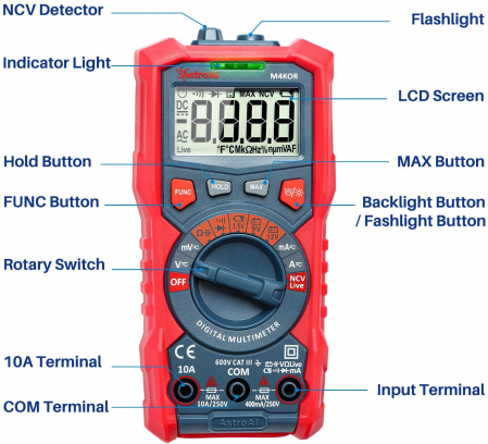 Multimetru digital AstroAI M4KOR, TRMS 4000, Ohmmetru, Voltmetru 1,5V   9V   12V, Masurare fara contact, Lanterna [3]