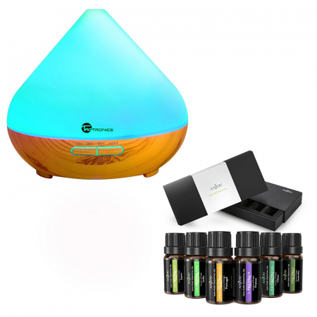 Aromaterapie si Beauty - Pachet Difuzor aroma cu Ultrasunete TaoTronics TT-AD002, cu Set 6 uleiuri esentiale
