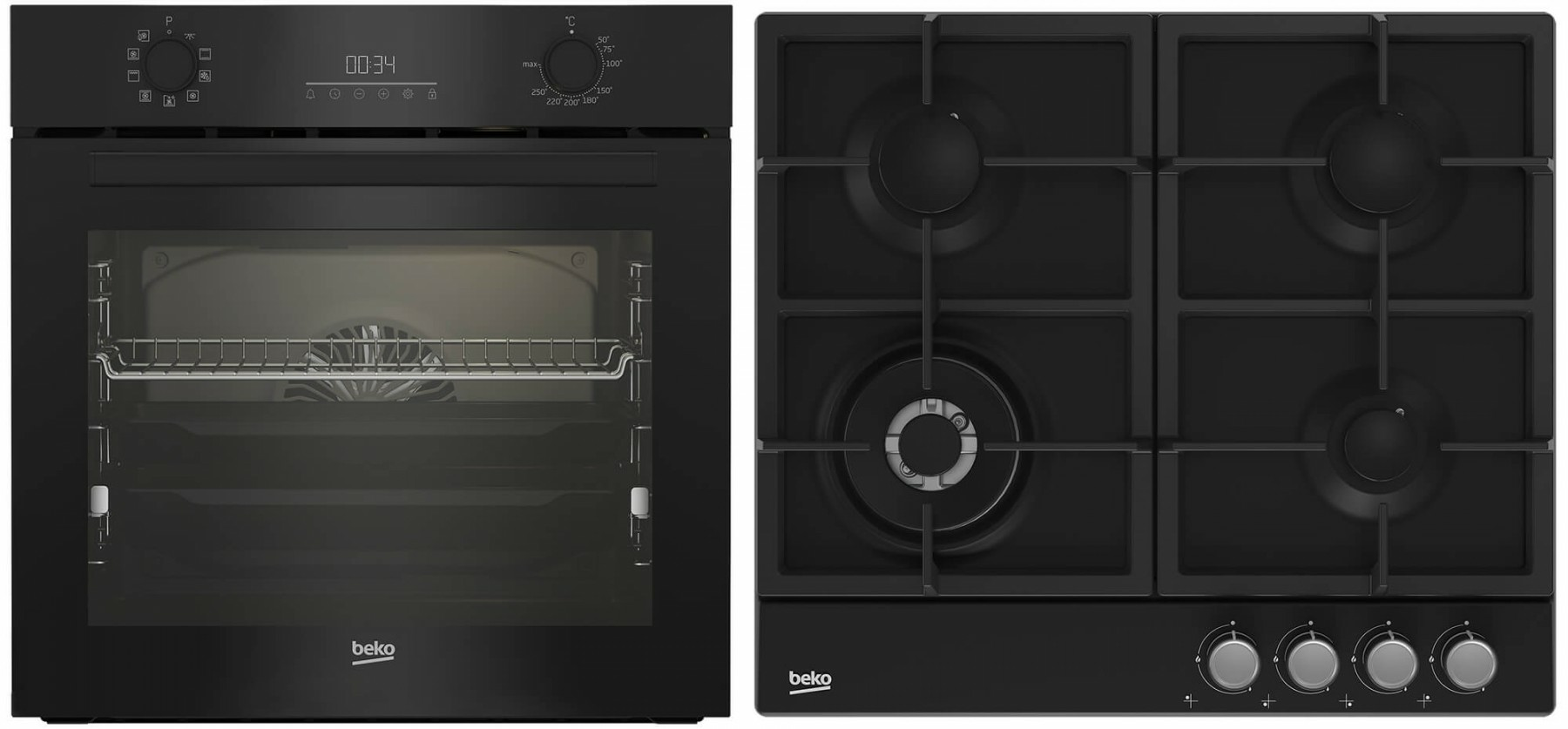 Electrocasnice Mari - Pachet incorporabil Beko BBSM17330BCS, Electric, 71 l, Clasa A, Autocuratare catalitica, SoftClose door,Timer, Negru + Plita incorporabila Beko , Gaz, 4 arzatoare, Wok, Gratar din fonta, 60 cm, Negru