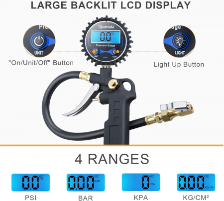 Pistol de umflat cu manometru AstroAI 250 PSI, Afisaj Digital, Furtun 1 4,  Accesorii incluse [1]