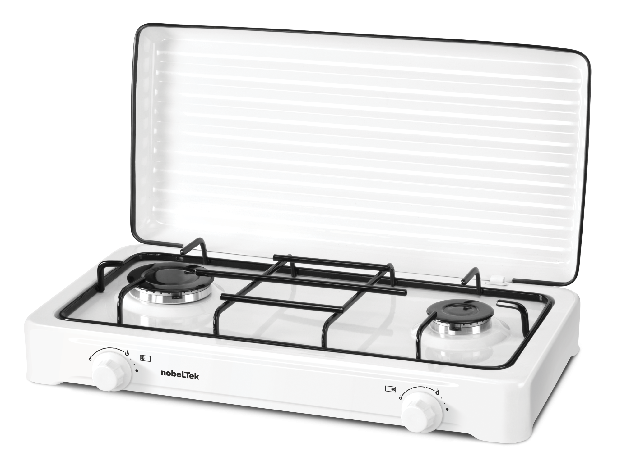 Electrocasnice - Plita exterior NobeLTek, Gaz, 2 arzatoare, Gratar emailat, fara sigurata, Diuze GPL, Capac emailat, Alb, NLT PE2GA