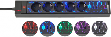 Prelungitoare - Prelungitor Brennenstuhl Gaming GSL 05 USB, 5 prize, 2 USB, 2.4A, Iluminare LED, 1,5m Buton On Off, Incarcare rapida