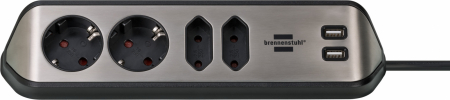 Prelungitoare - Prelungitor pentru perete colt Brennenstuhl Estilo 4 prize, 2 USB, 3.1 A, 2m Inox, Adeziv inclus, Argintiu-Negru