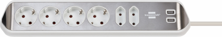 Prelungitoare - Prelungitor pentru perete colt Brennenstuhl Estilo 6 prize, 2 USB, 3.1 A, 2m Inox, Adeziv inclus, Argintiu-Alb