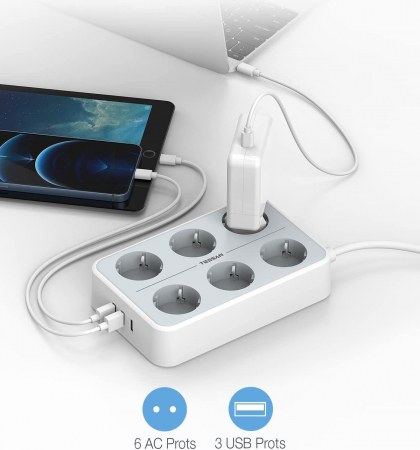 Prelungitor Tessan TS-303, 6 prize, 3 USB 3A, cablu 2m [2]