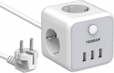 Prelungitoare - Prelungitor tip cub Tessan TS-301, 3 prize, 3 USB 3A, cablu 1.5m