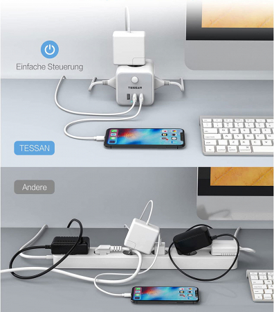 Prelungitor tip cub Tessan TS-301, 3 prize, 3 USB 3A, cablu 1.5m [2]
