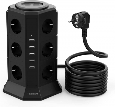 Prelungitoare - Prelungitor tip Turn Tessan TP-VA5U12E, 12 prize, 5 USB 4.5A, cablu 2m, protectie la suprasarcina