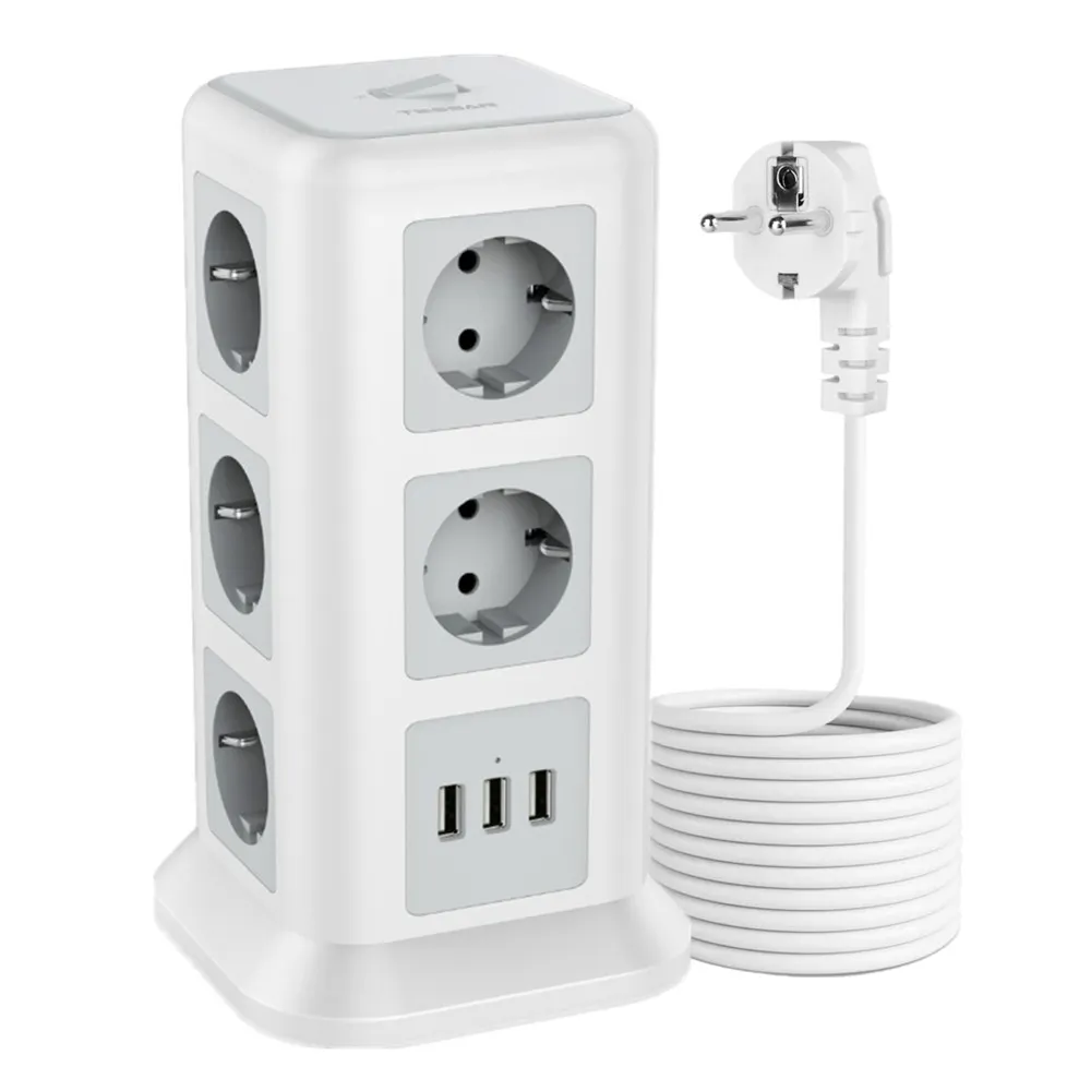 Prelungitoare - Prelungitor tip Turn Tessan TPS01, 11 prize, 3 USB 3.1A, cablu 2m, protectie la suprasarcina - Alb