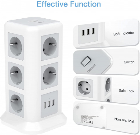 Prelungitor tip Turn Tessan TPS01, 11 prize, 3 USB 3.1A, cablu 2m, protectie la suprasarcina - Alb [4]