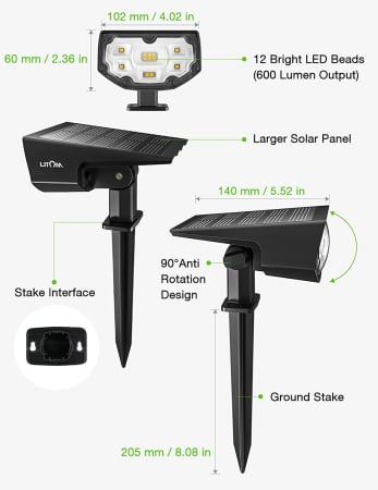 Set 2 bucati Lampa solara LITOM LTCD190 12 leduri, IP67 lumina alba calda, senzor de lumina [3]