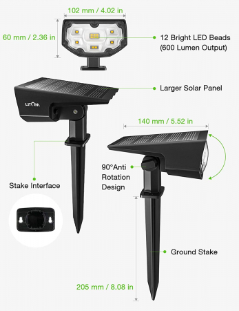 Set 2 bucati Lampa solara LITOM LTCD190, 12 leduri, IP67 lumina Alba Rece, senzor de lumina [3]