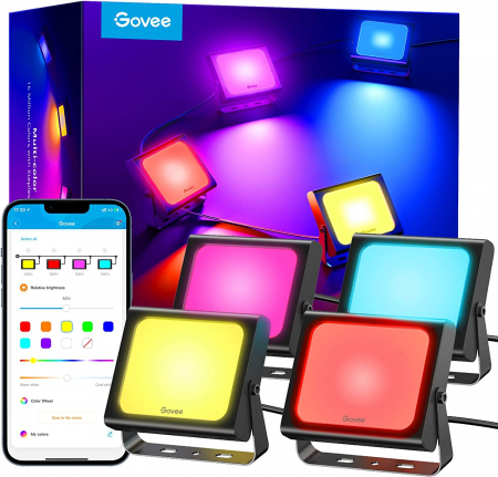 Casa si Gospodarie - Set 4 proiectoare Govee H7060 RGBICWW LED, Alexa, Google , 24W, Sincronizare muzica, Exterior IP65 waterproof