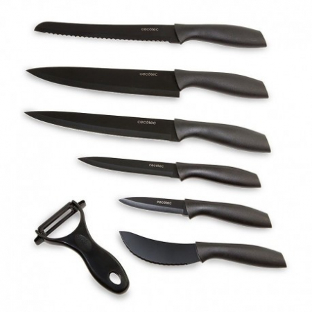 Gospodarie - Set 6 cutite profesionale din titan pentru bucatarie plus decojitor fructe legume, Cecotec, lama cu terminatie ceramica, maner carbon, negru