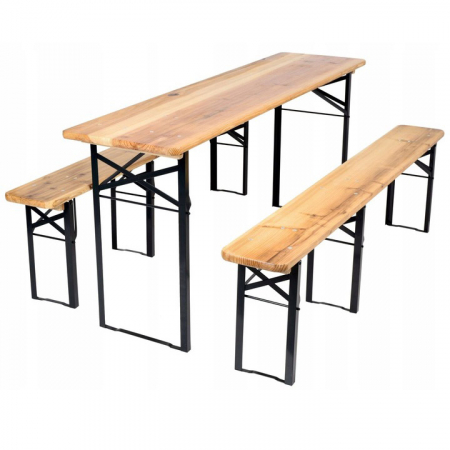 Mobila Gradina - Set berarie din lemn masiv, pliabil, pentru terasa sau gradina, o masa si doua banci, 177x46cm, natur