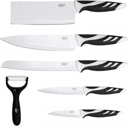 Gospodarie - Set de 6 cutite profesionale Cecotec Swiss Chef, lame din otel inoxidabil si ceramica, manere confortabile cu insertii din silicon, Alb Negru