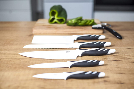 Set de 6 cutite profesionale Cecotec Swiss Chef, lame din otel inoxidabil si ceramica, manere confortabile cu insertii din silicon, Alb Negru [1]