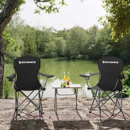 SONGMICS Set 2 scaune pliabile de camping sau pescuit, suport pahar, maxim 150kg, negru [11]