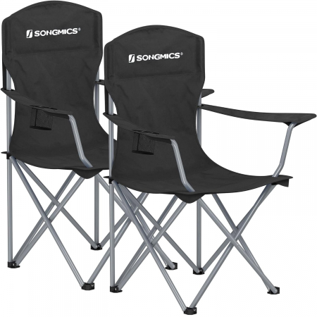 Mobila Gradina - SONGMICS Set 2 scaune pliabile de camping sau pescuit, suport pahar, maxim 150kg, negru