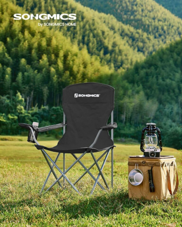 SONGMICS Set 2 scaune pliabile de camping sau pescuit, suport pahar, maxim 150kg, negru [1]