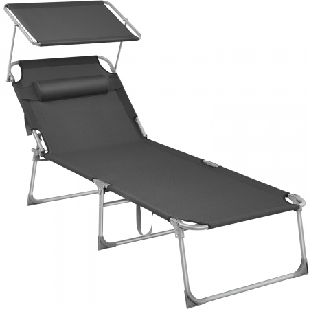 Mobila Gradina - SONGMICS Sezlong pliabil, cu parasolar si tetiera, spatar reglabil in 4 pozitii, maxim 150kg, 200x71x38cm, gri