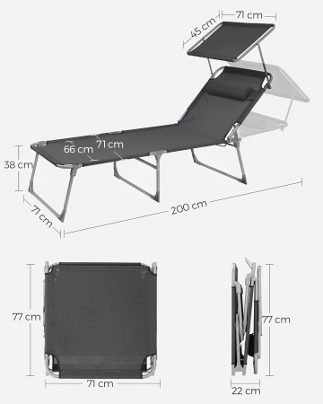 SONGMICS Sezlong pliabil, cu parasolar si tetiera, spatar reglabil in 4 pozitii, maxim 150kg, 200x71x38cm, gri [4]