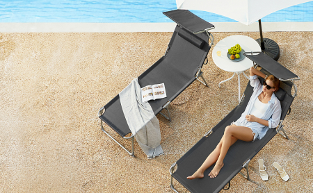 SONGMICS Sezlong pliabil, cu parasolar si tetiera, spatar reglabil in 4 pozitii, maxim 150kg, 200x71x38cm, gri [2]