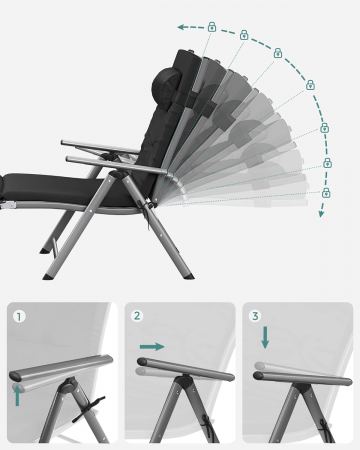 SONGMICS Sezlong pliabil, cu saltea groasa si tetiera, spatar reglabil, maxim 150kg, 183x60x39cm, negru [4]