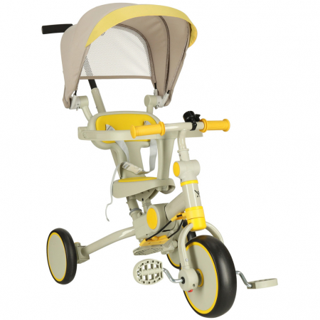 Tricicleta copii 6in1, 70x31x89 cm, cu ghidon reglabil, sezut cu spatar si copertina, cadru metalic, galben-gri [13]