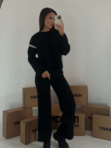 IMBRACAMINTE DE EXTERIOR - Set Compleu Tricotat Negru cu Detalii Albe