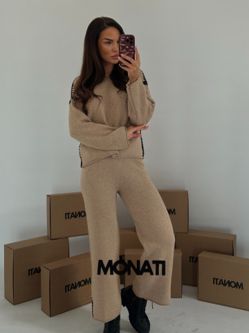 IMBRACAMINTE DE EXTERIOR - Set Compleu Tricotat Bej cu Detalii Negre