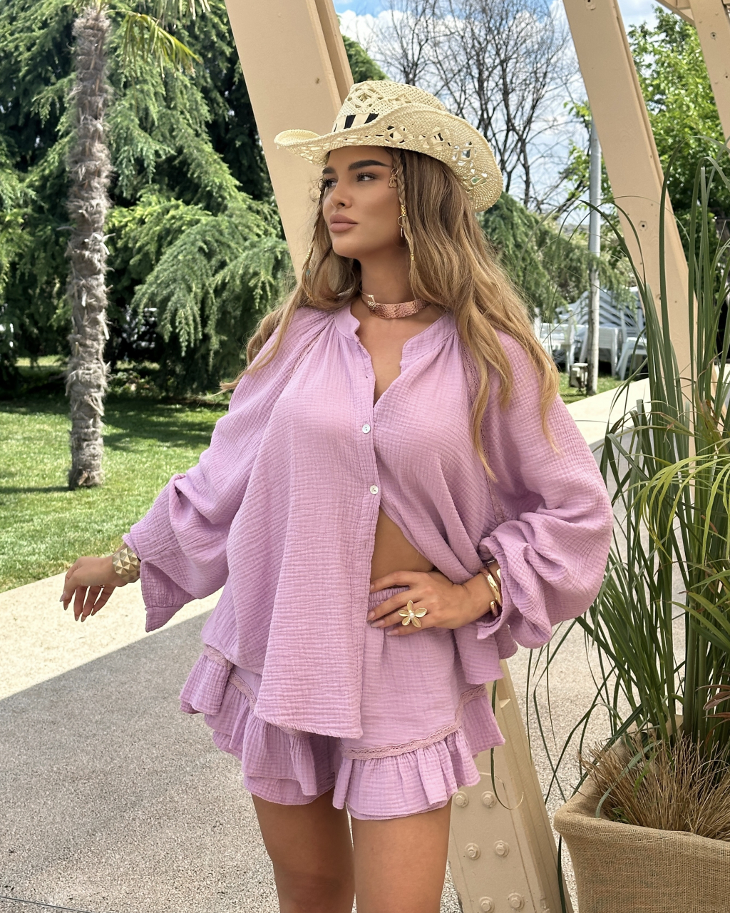 Camasa si Fusta tip pantalon din muselina de bumbac 100% Lila [2]