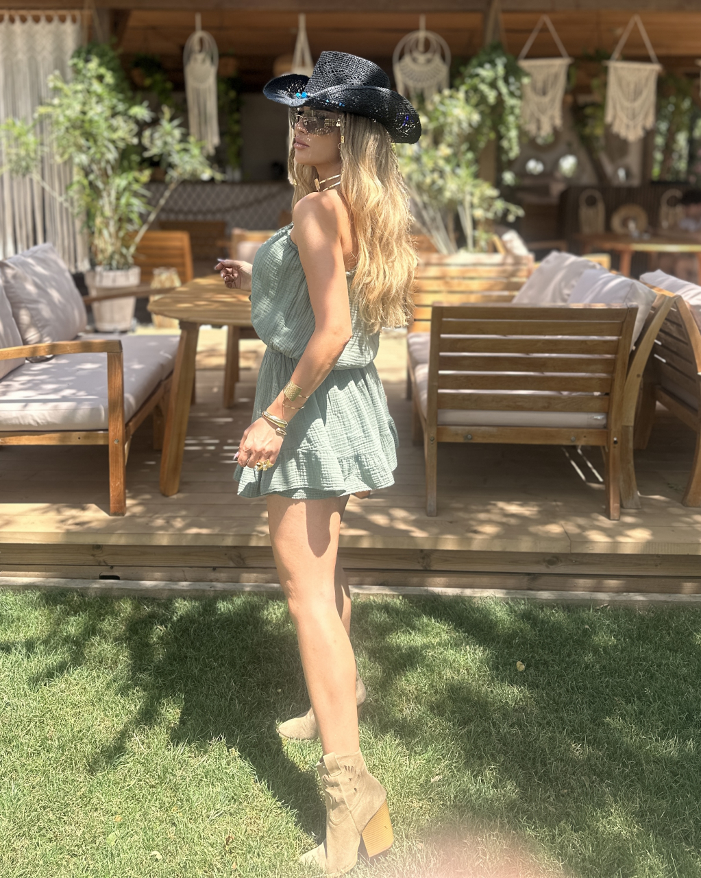 Rochie cu umar gol tip pantalon din muselina de bumbac 100% Green [3]