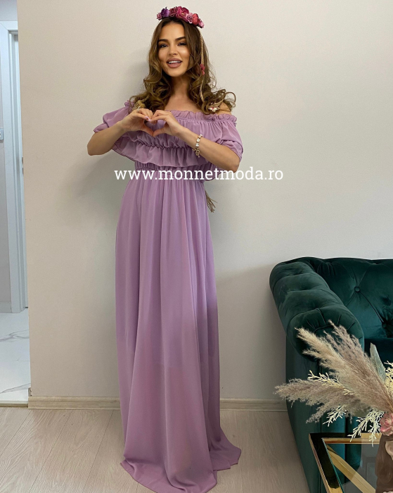 Rochie Voal Lunga Lila cu Papion si Bratara - Marime Universala [4]