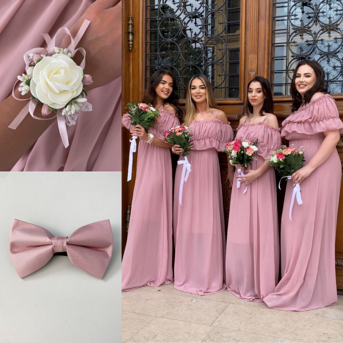 Rochie Voal Lunga Roz Pudra cu Papion si Bratara - Marime Universala [6]