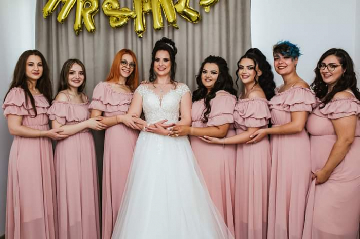 Rochie Voal Lunga Roz Pudra cu Papion si Bratara - Marime Universala [3]