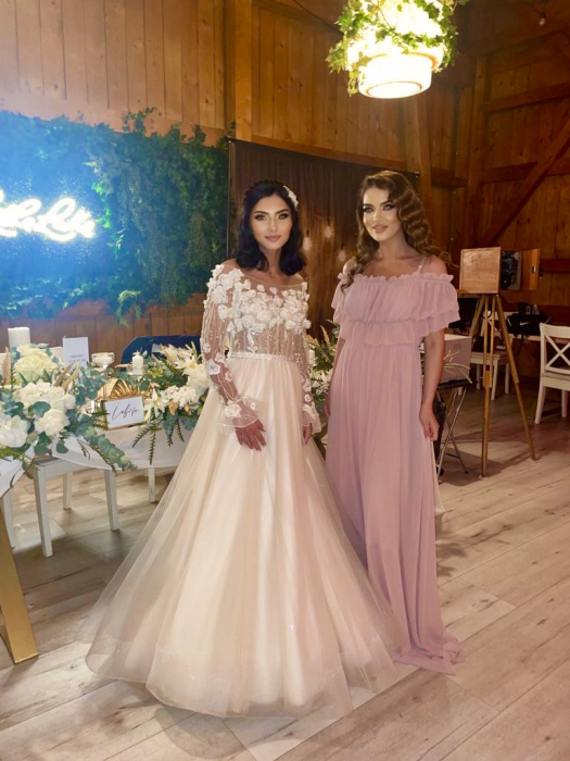 Rochie Voal Lunga Roz Pudra cu Papion si Bratara - Marime Universala [5]