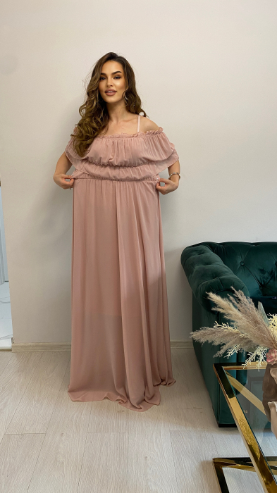 Rochie Voal Lunga Roz Pudra cu Papion si Bratara - Marime Universala [4]