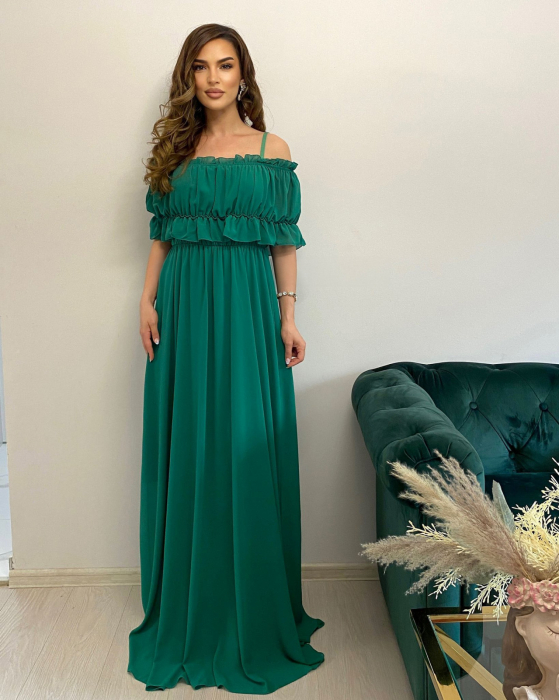 Rochie Voal Lunga Verde Smarald cu Papion si Bratara - Marime Universala [2]