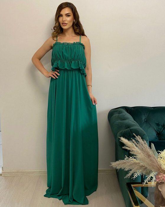 Rochie Voal Lunga Verde Smarald cu Papion si Bratara - Marime Universala [3]