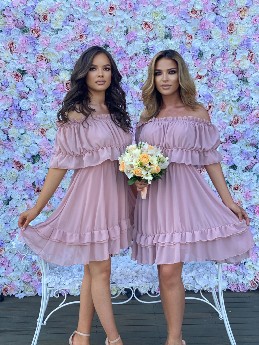 Rochie Voal Roz Pudra cu Papion si Bratara - Marime Universala [2]