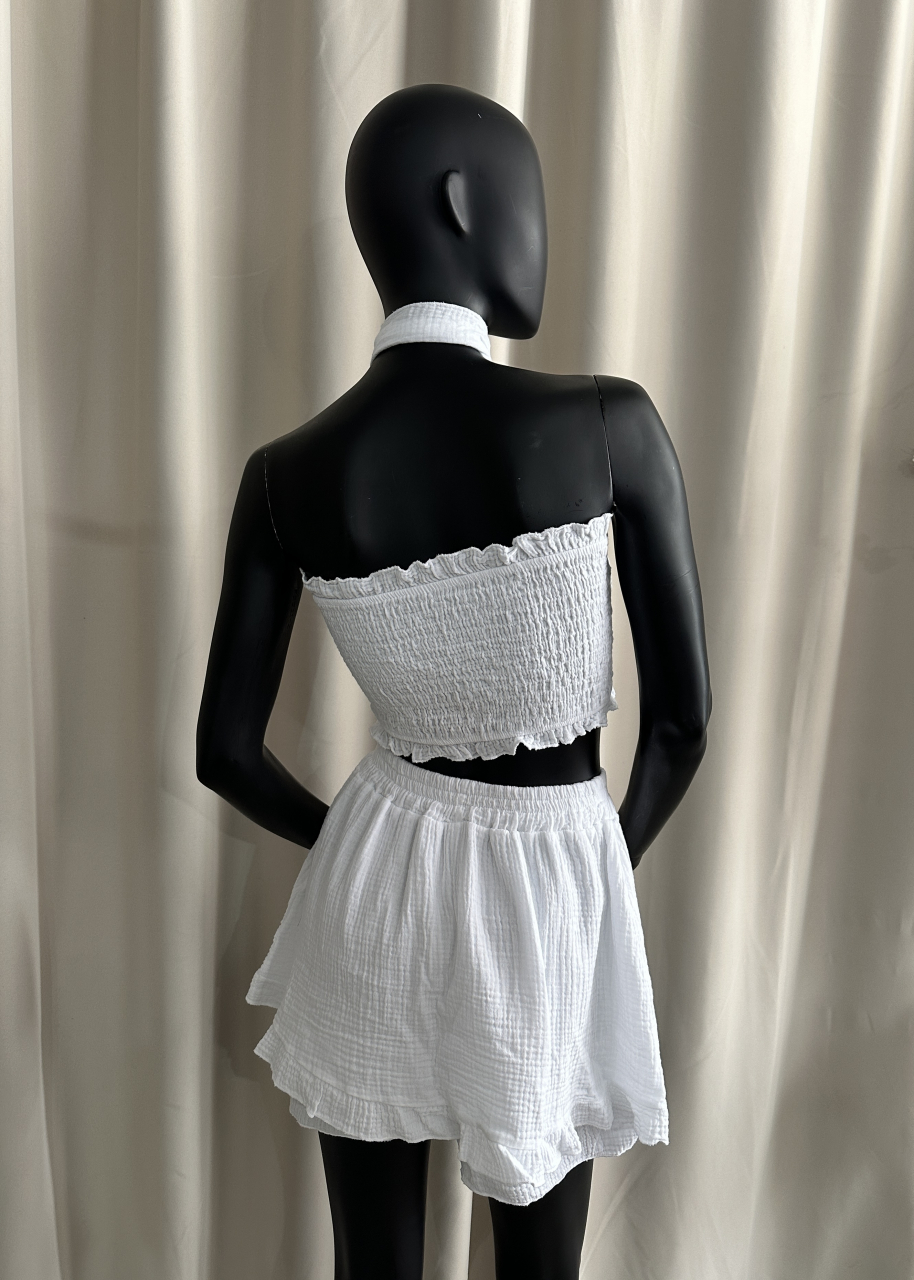 Set Bustiera si Fusta tip pantalon din muselina de bumbac 100% Alb [3]