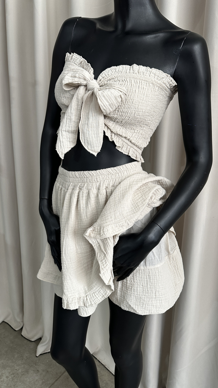 Set Bustiera si Fusta tip pantalon din muselina de bumbac 100% Crem [3]