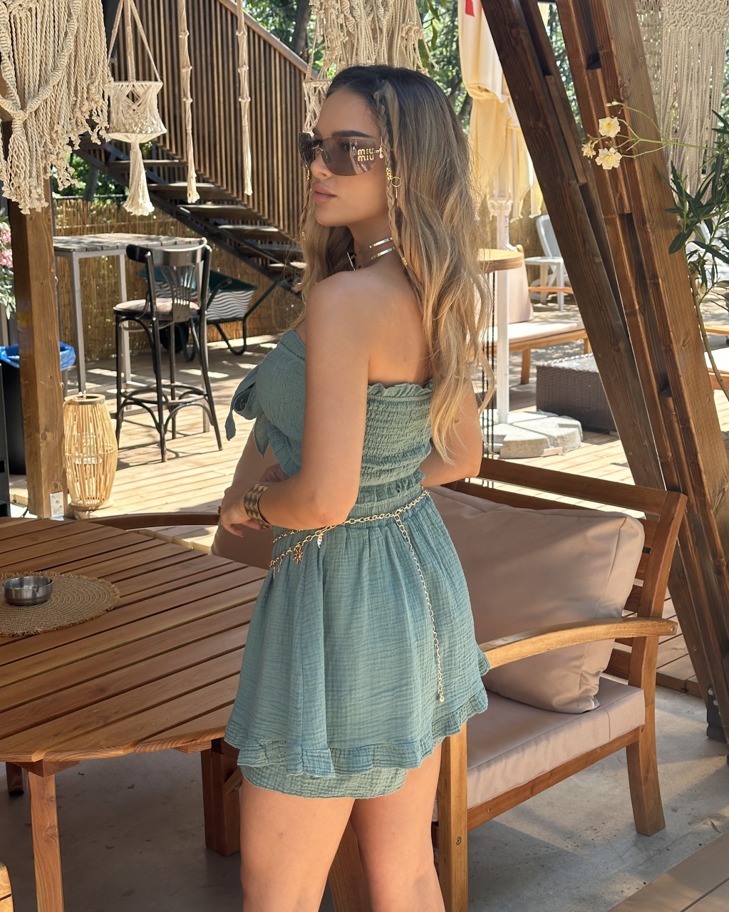 Set Bustiera si Fusta tip pantalon din muselina de bumbac 100% Turquoise [3]